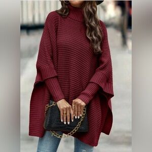 Chic Burgundy Knit Poncho Sweater.